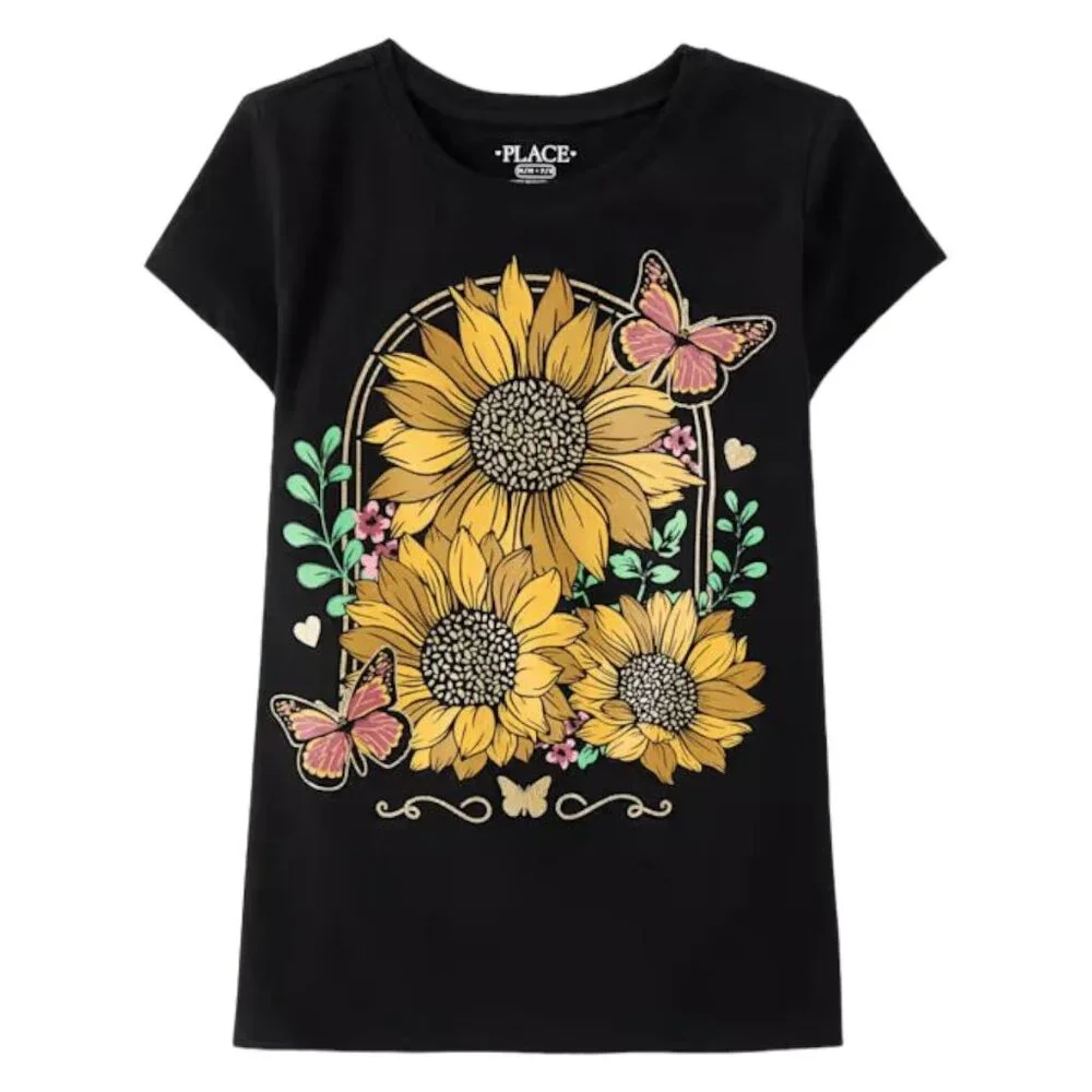 The Children's‎ Place Girls Sunflower Graphic Tee In Black - Size XXL